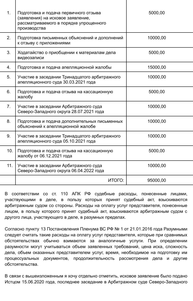 Это заявление о взыскании судебных расходов, которое я отправила в суд. Чтобы обосновать сумму расходов, я составила таблицу со всеми действиями и документами, которые мне пришлось совершить по этому делу