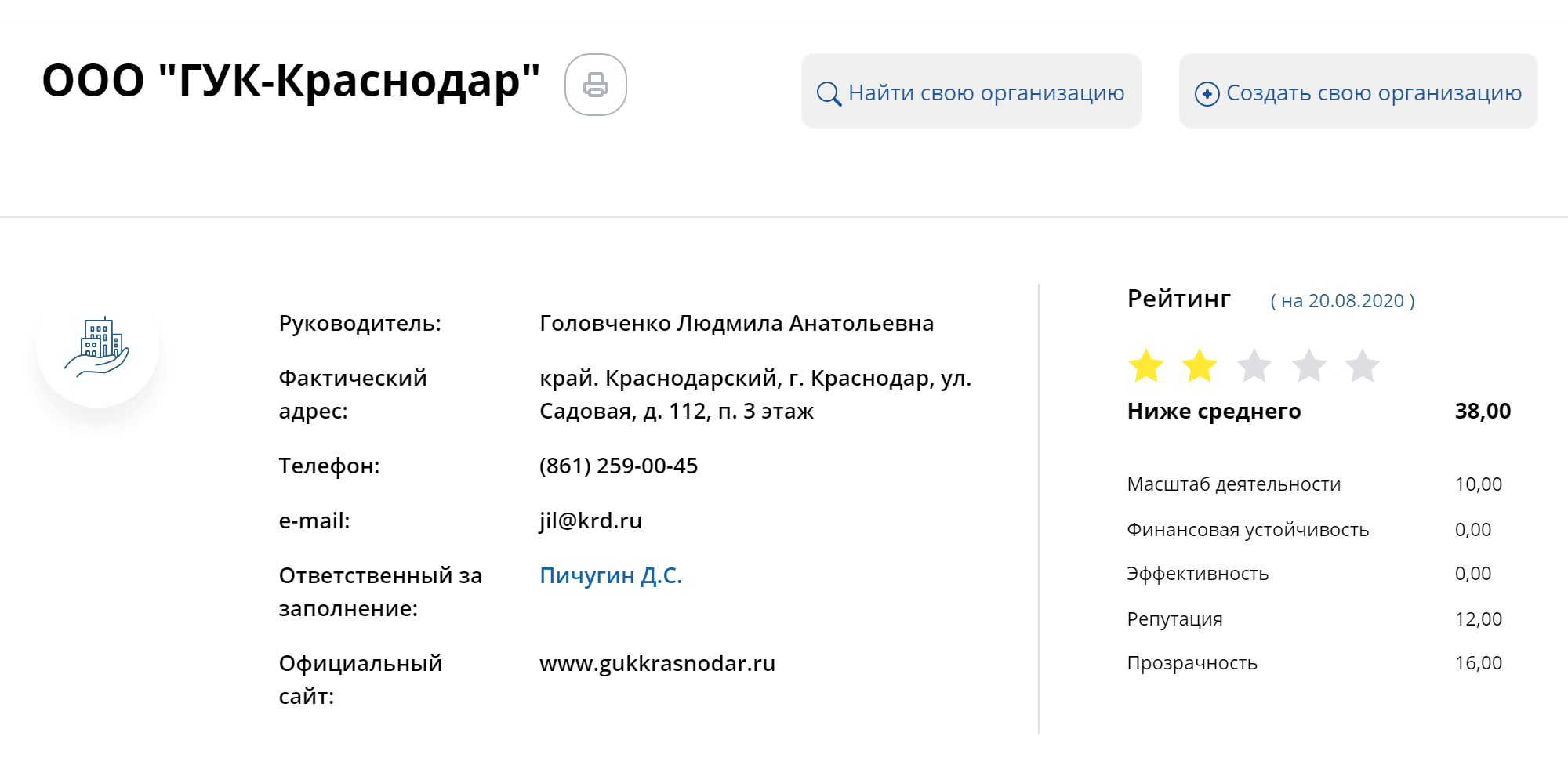 Если нажмете на название УК, увидите полную информацию о ней. Тут же можно посмотреть рейтинг компании и какие еще дома она обслуживает