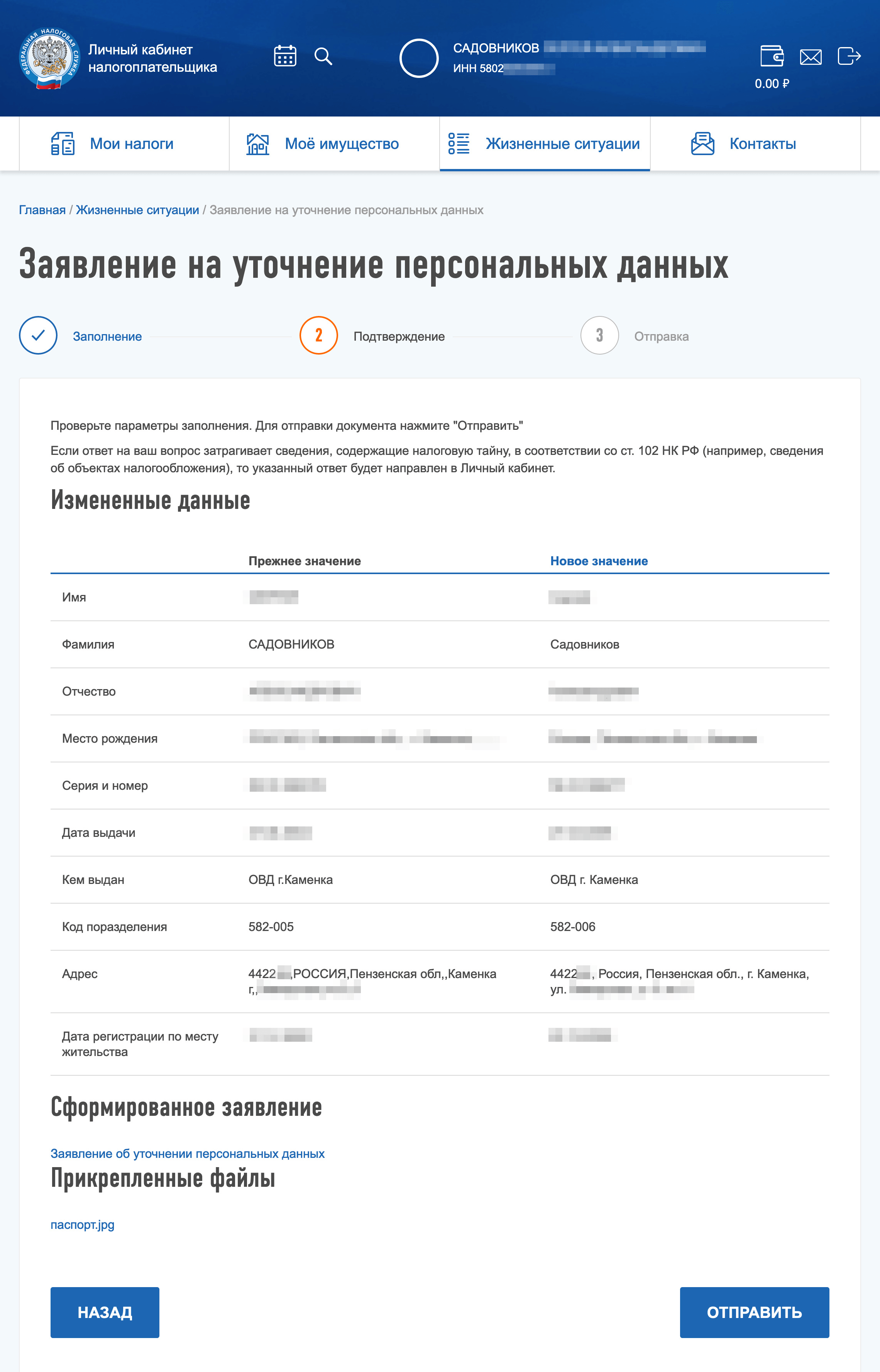 Перед отправкой заявления данные нужно было проверить. Заявление в налоговую сформируется автоматически