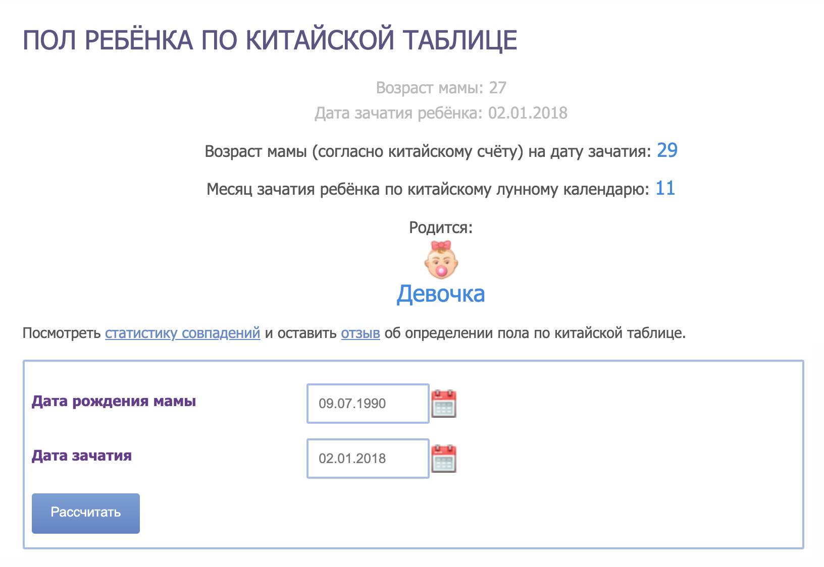 Но этот сайт определил, что на момент зачатия мне было 29 по лунному календарю. И предсказал девочку. Источник: kukuzya.ru