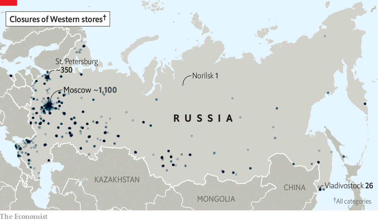 Закрытие западных магазинов в РФ. Источник: The Economist