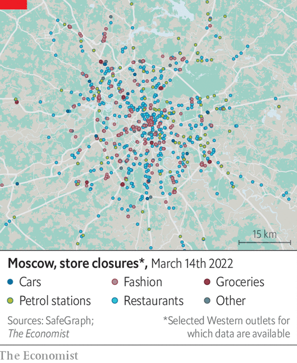 Закрытие западных магазинов в Москве по состоянию на 14 марта 2022 года. Источник: The Economist