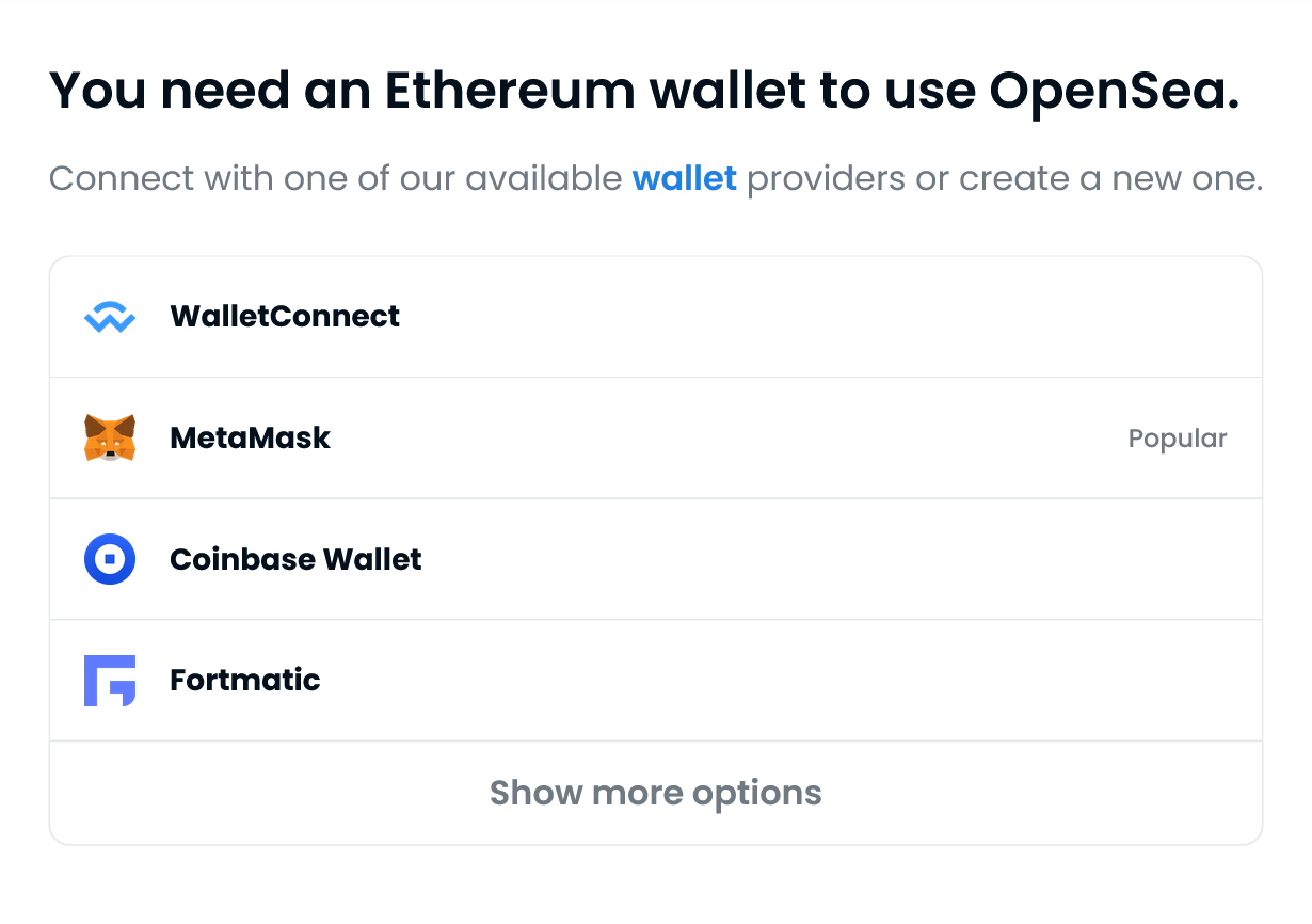 На маркетплейсе нужно выбрать, через какой кошелек вы будете авторизовываться. Вот как это выглядит на Opensea