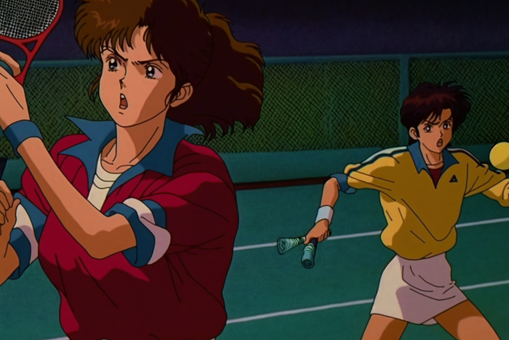 Теннисный матч из аниме восьмидесятых. Запрос: 80s anime still, tennis match, retro fashion, muted retro colors, by Yoshiaki Kawajiri and Tsukasa Hojo and Toshihiro Kawamoto --ar 3:2