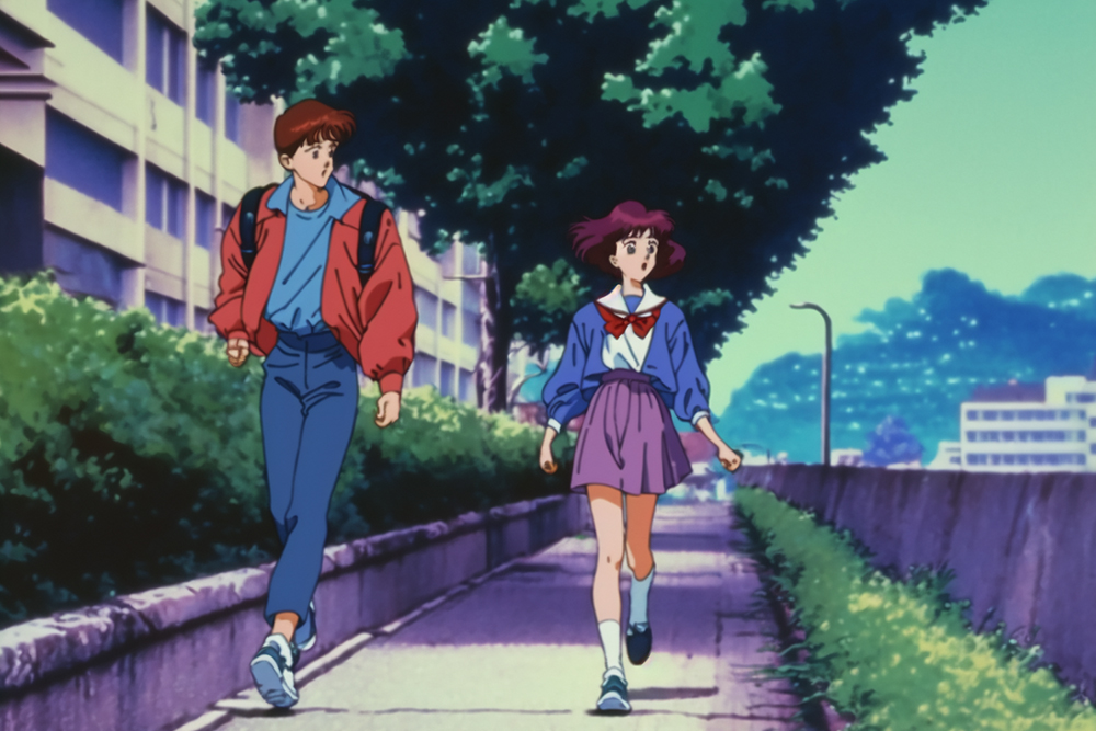 Сложно отличить от реального кадра. Запрос: 90s anime still, man and woman going for a walk, retro fashion, by Yoshiyuki Sadamoto --ar 3:2