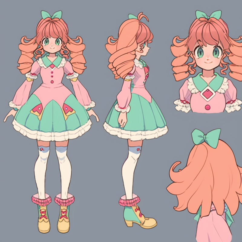 Дизайн персонажа с разных сторон. Запрос: character turnaround sheet, magical girl