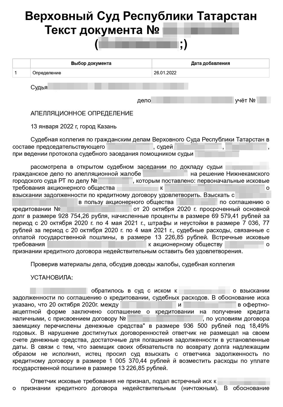 Апелляционное определение с сайта ВС РТ. Тройка судей оставила решение суда первой инстанции без изменений, а нашу апелляционную жалобу — без удовлетворения