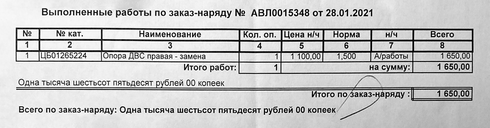 Опору двигателя заменили за 1650 ₽