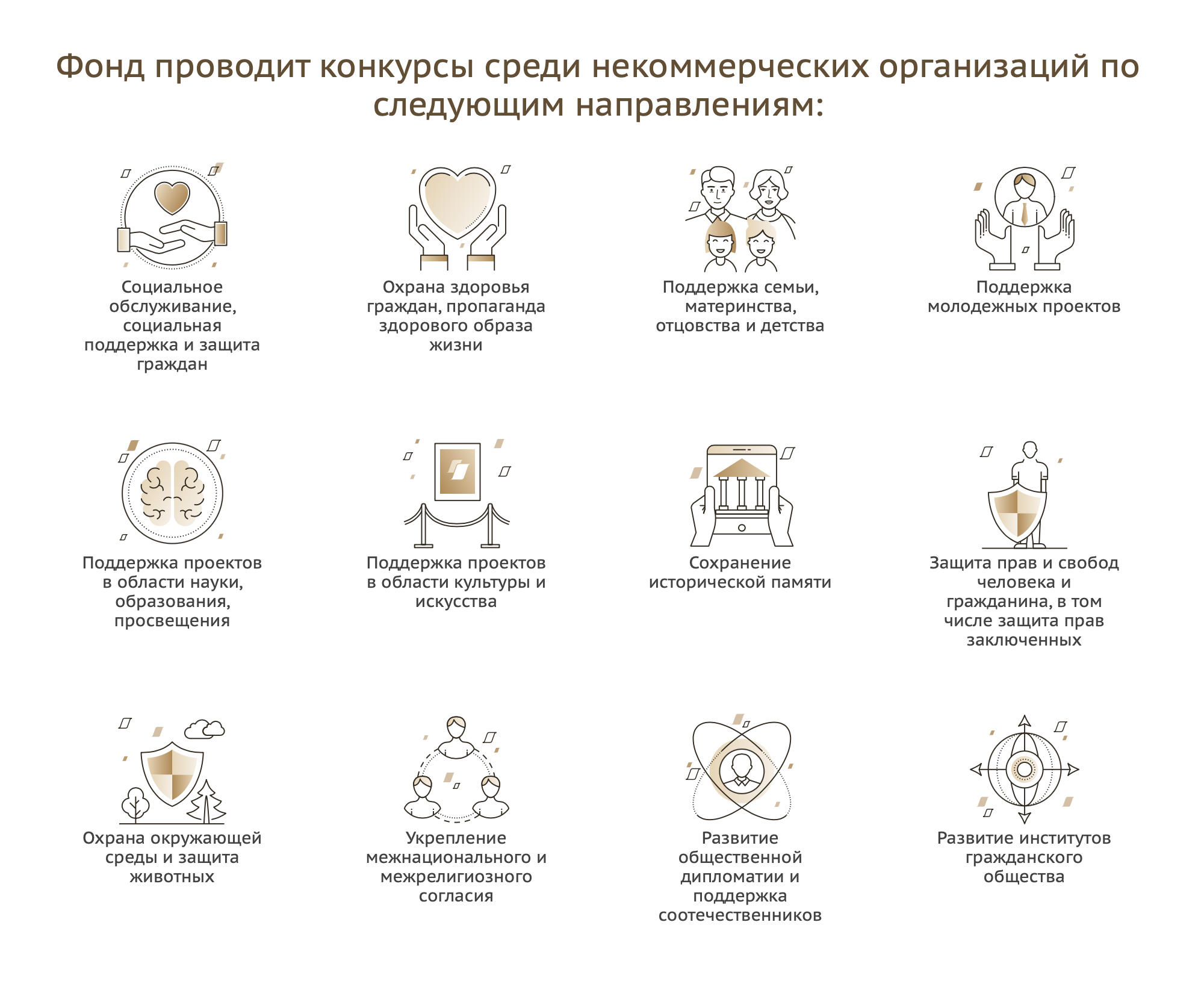 Вот все направления, по которым Фонд президентских грантов проводит конкурсы на субсидии среди НКО