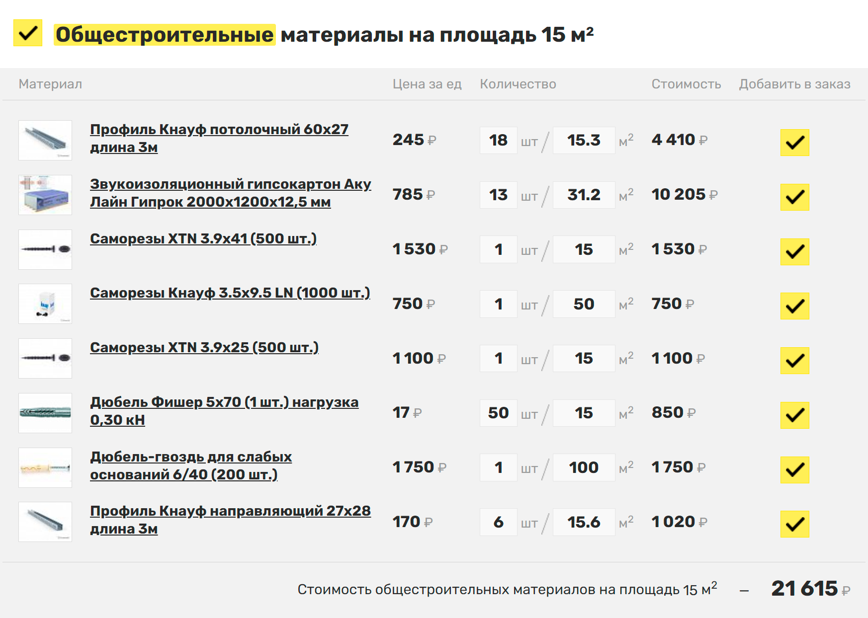 Еще потребуются профили, саморезы и прочие расходники. Стоимость монтажа сообщают отдельно, здесь это будет еще 24 750 ₽. Источник: acoustic.plus