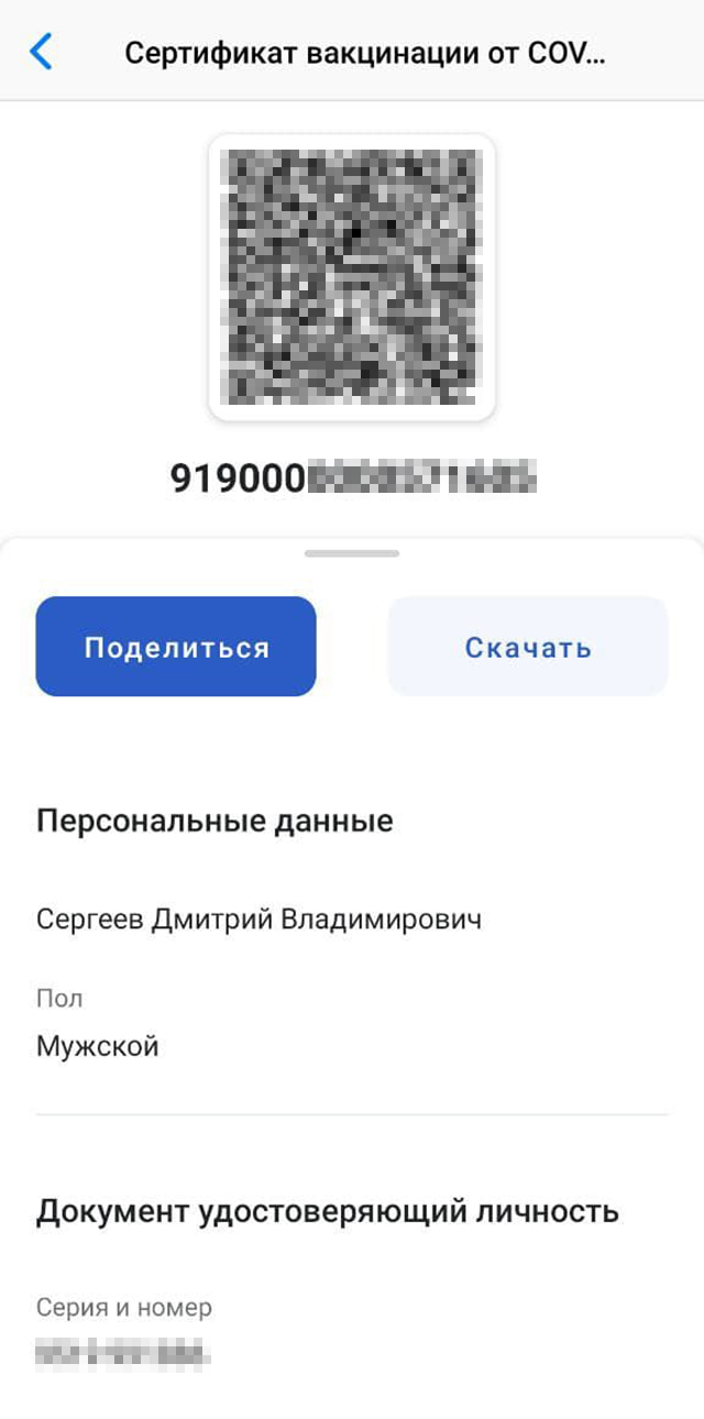 Так выглядит сертификат о вакцинации. В нем указаны серия и номер паспорта. Вверху — QR⁠-⁠код для сканирования