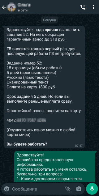 Когда я попросила рассказать, по какому договору оформляется сотрудничество и с кем его заключают, собеседница перестала отвечать и удалила аккаунт в «Вотсапе» — это видно по исчезнувшей аватарке