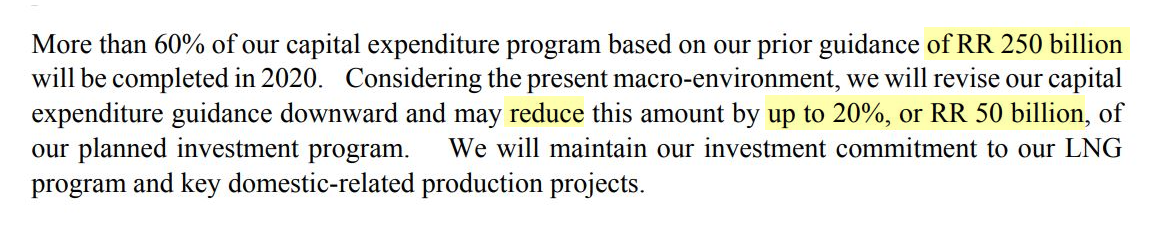 Выдержка из стенограммы звонка с инвесторами, стр. 8. Снижение прогноза капитальных затрат в 2020 году до 50 млрд рублей