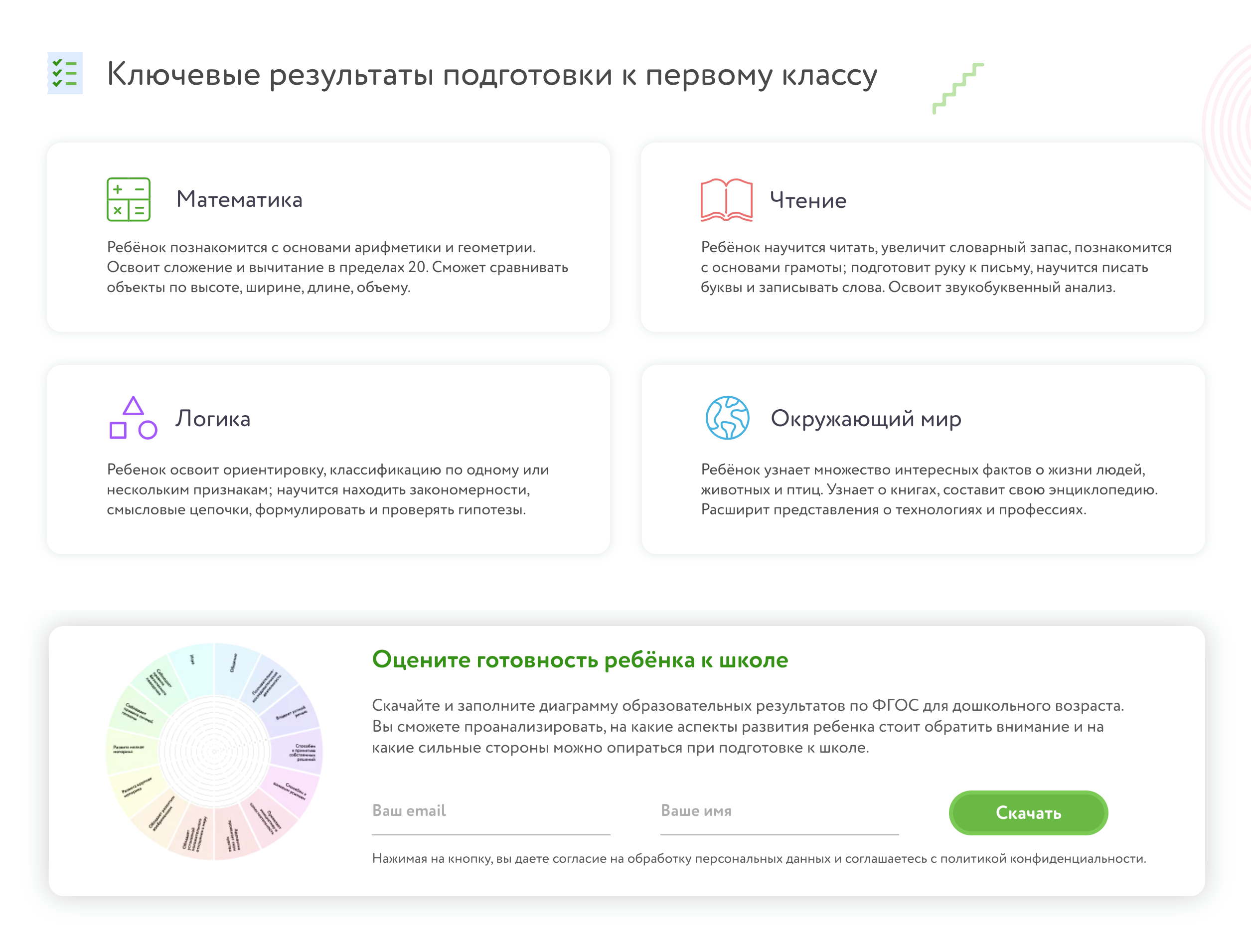 На сайте можно скачать диаграмму, которая поможет визуализировать данные по уровню подготовки ребенка