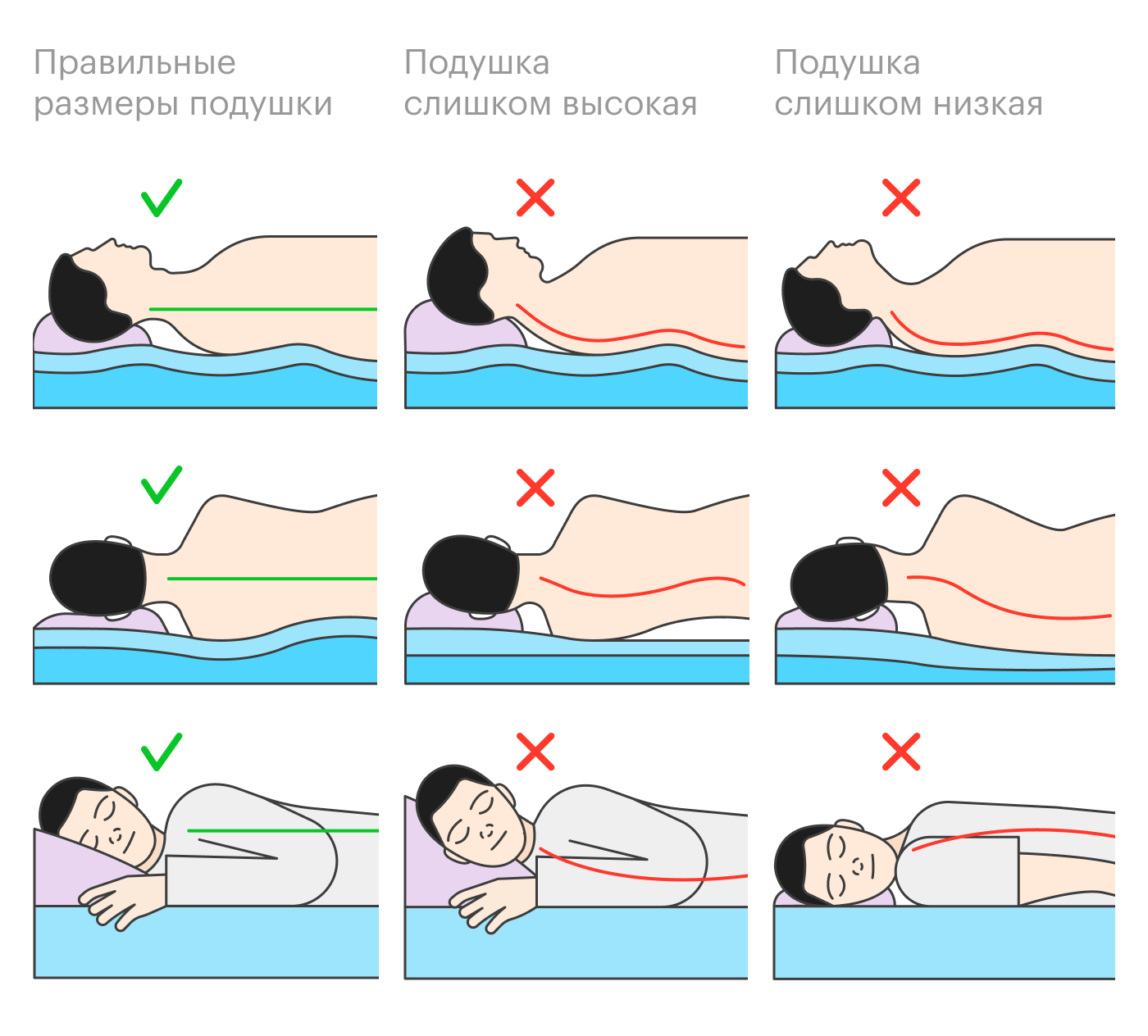Если вы выбираете подушку в магазине, можно дополнительно ориентироваться на комфорт и визуальную прямую. Это линия, которая проходит через середину затылка, шею и позвоночник. В любой позе на ортопедической подушке она должна быть прямой. Это значит, что мышцы во сне будут расслаблены. Попросите консультанта посмотреть со стороны или сфотографировать вас, чтобы визуально оценить прямую