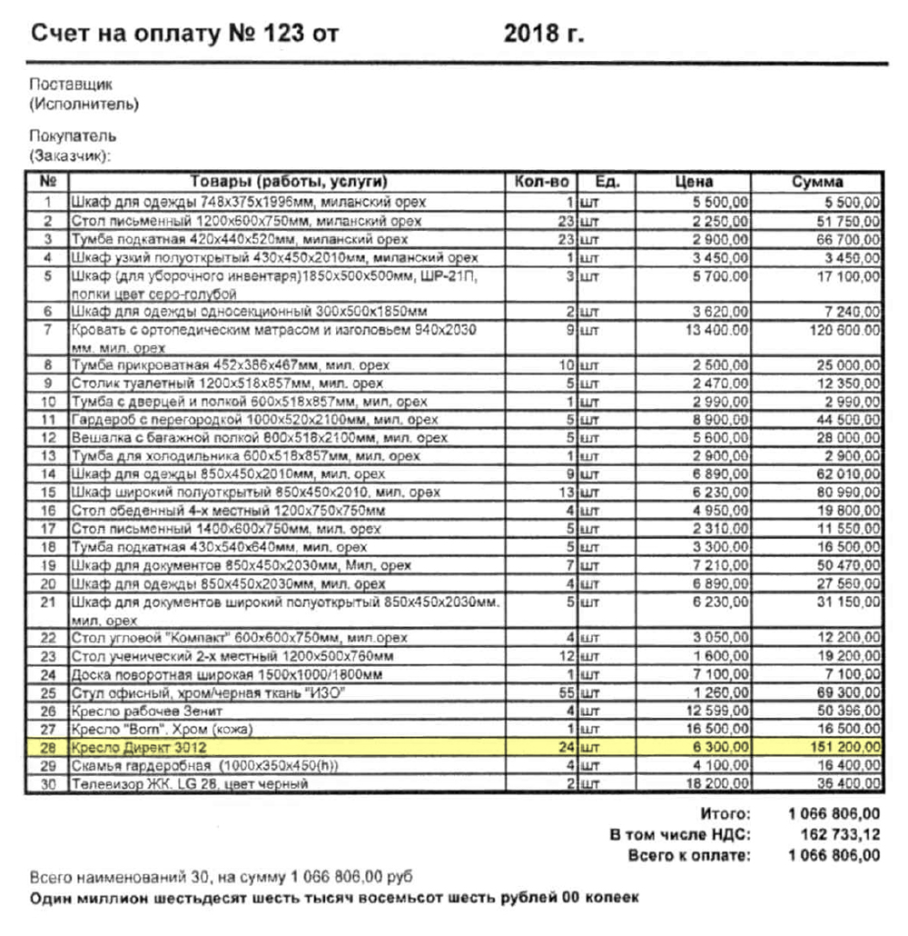 Счет со стульями за 6300 ₽. Итоговый результат отличается на 100 тысяч