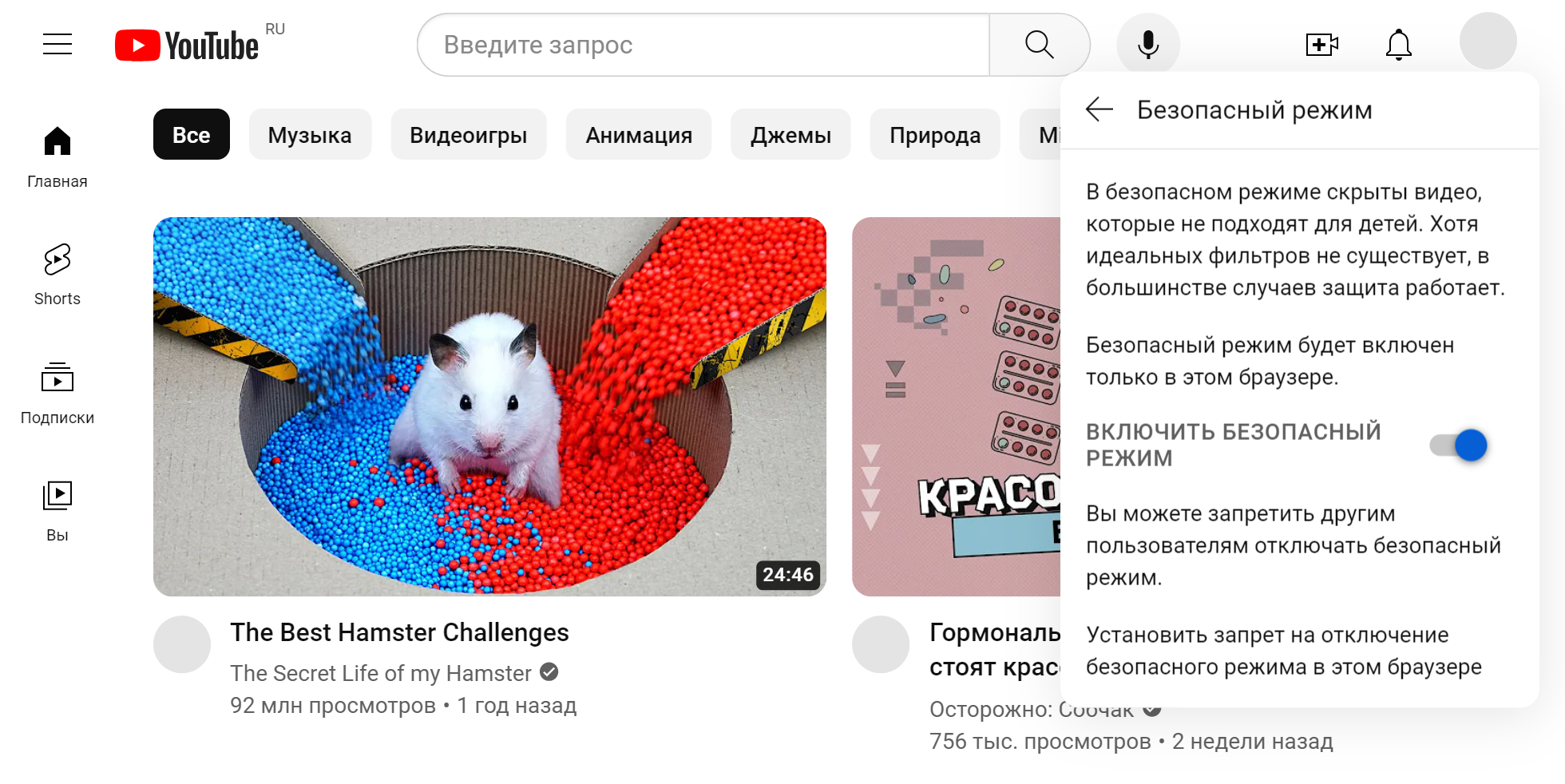 В детском режиме на YouTube скрыты неподходящие ролики. Но посмотреть обучающие тоже не всегда получится, если они рассчитаны и на детей, и на взрослых