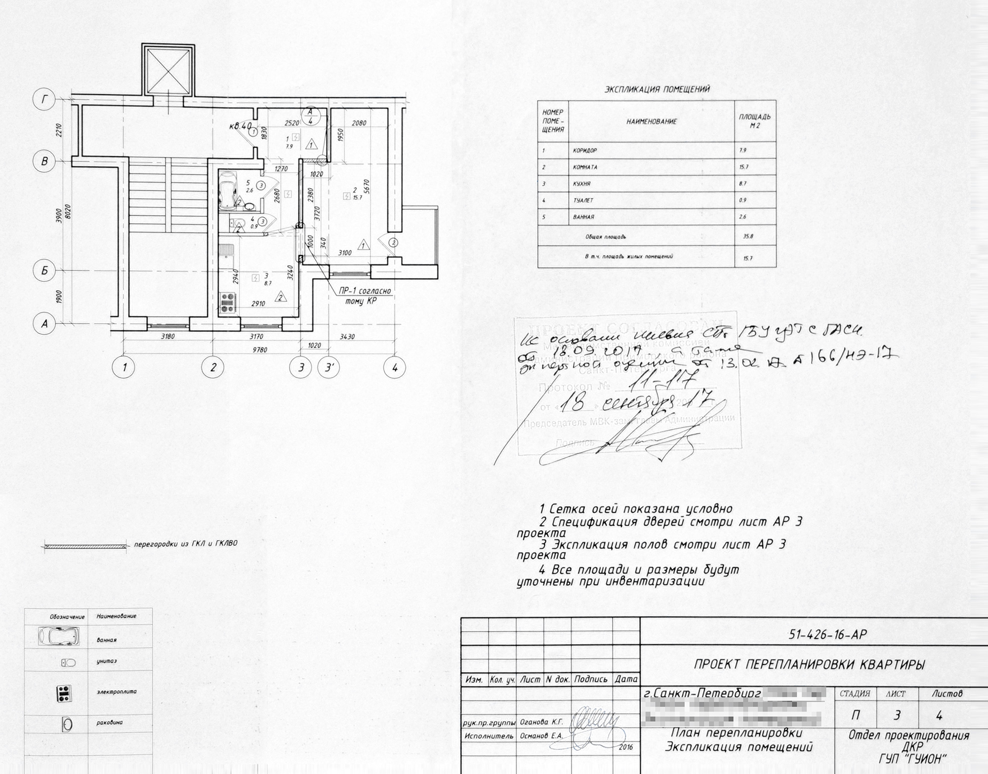 Основной лист проекта перепланировки. На него тоже ставят штампы при согласовании