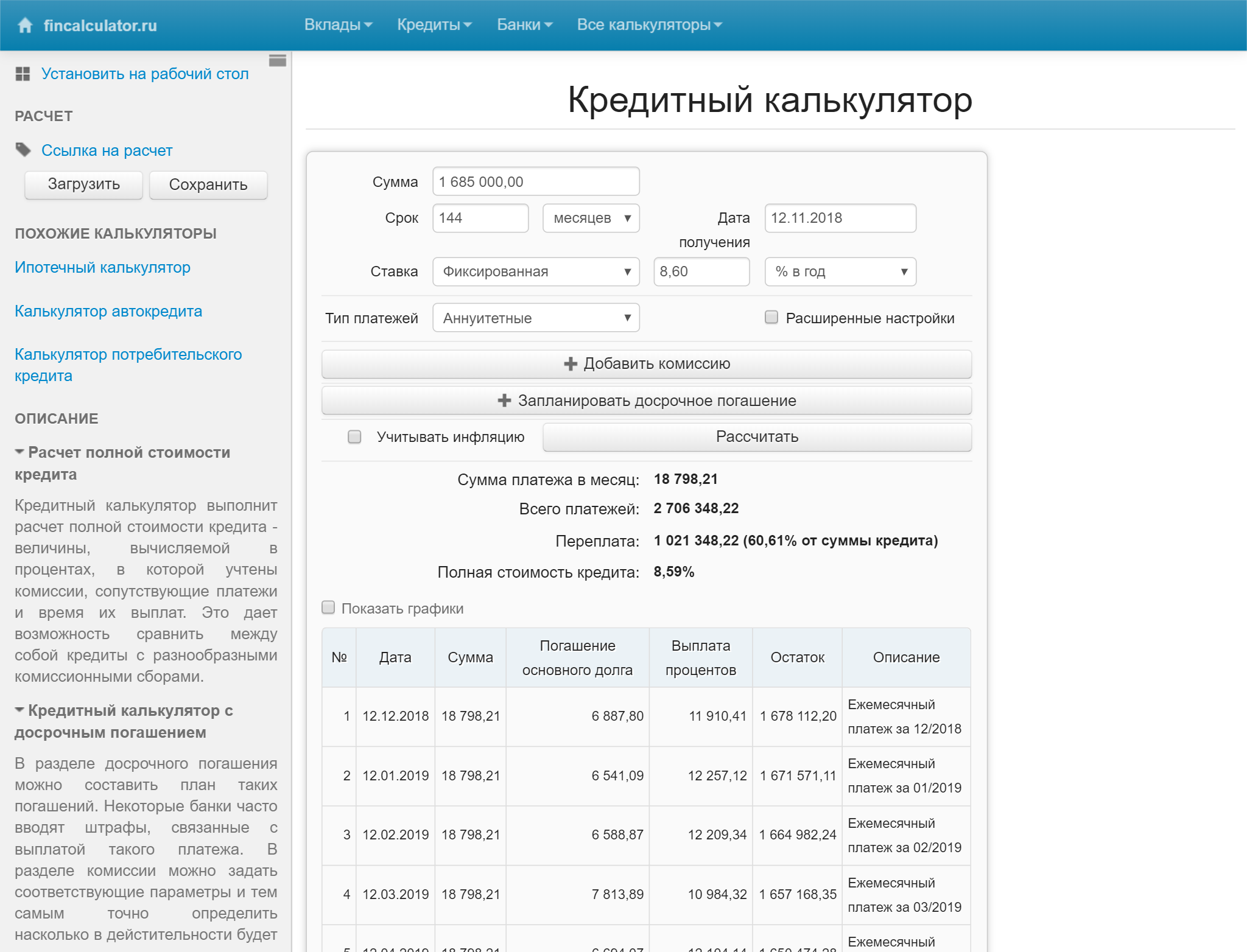 Переплата по кредиту составила бы 1 021 348,22 ₽, ежемесячный платеж — 18 798,21 ₽