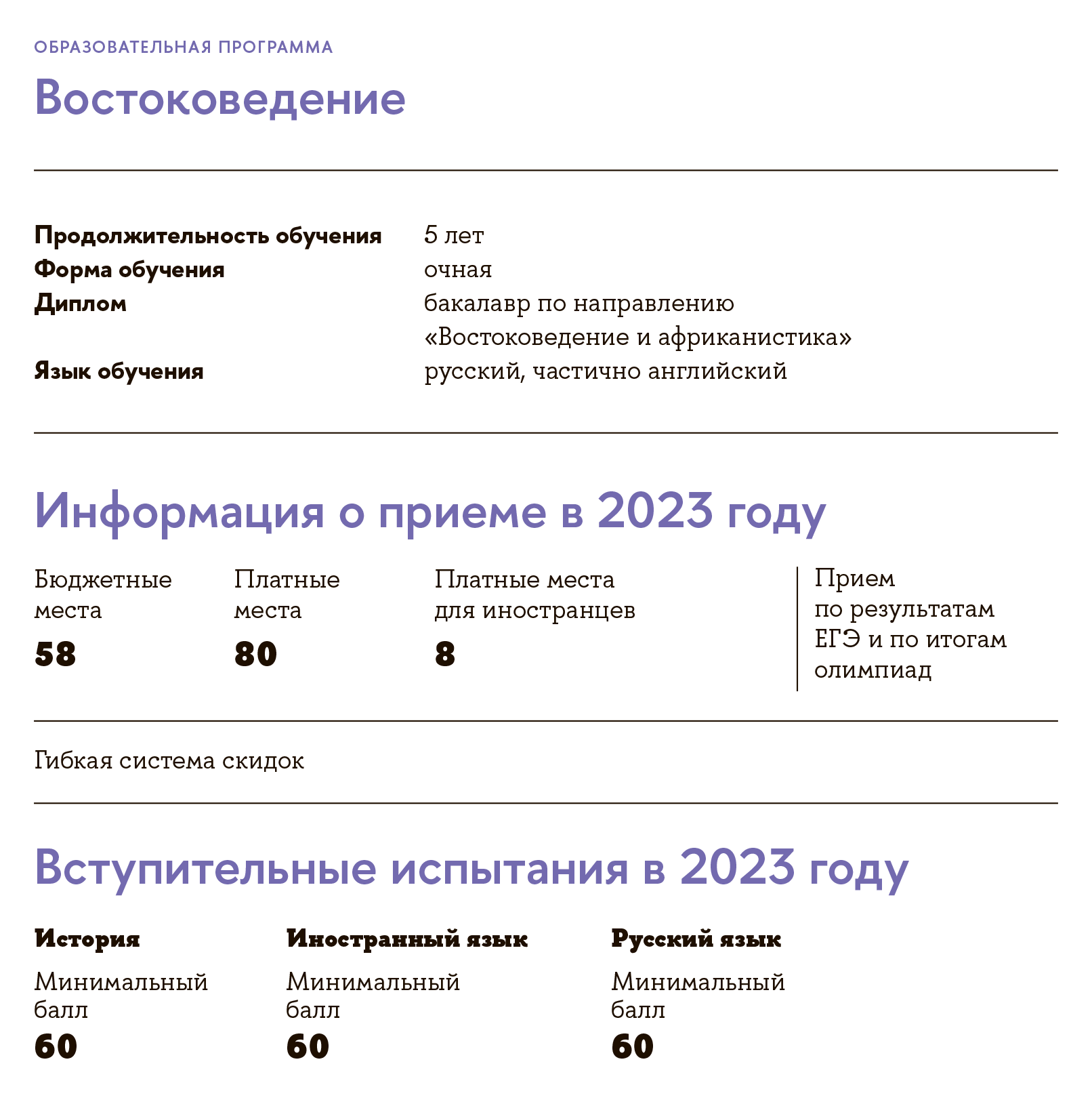 Для поступления на востоковедение в НИУ ВШЭ в Москве по иностранному языку надо набрать 60 баллов. Это вдвое больше порога Минобрнауки. Источник: hse.ru