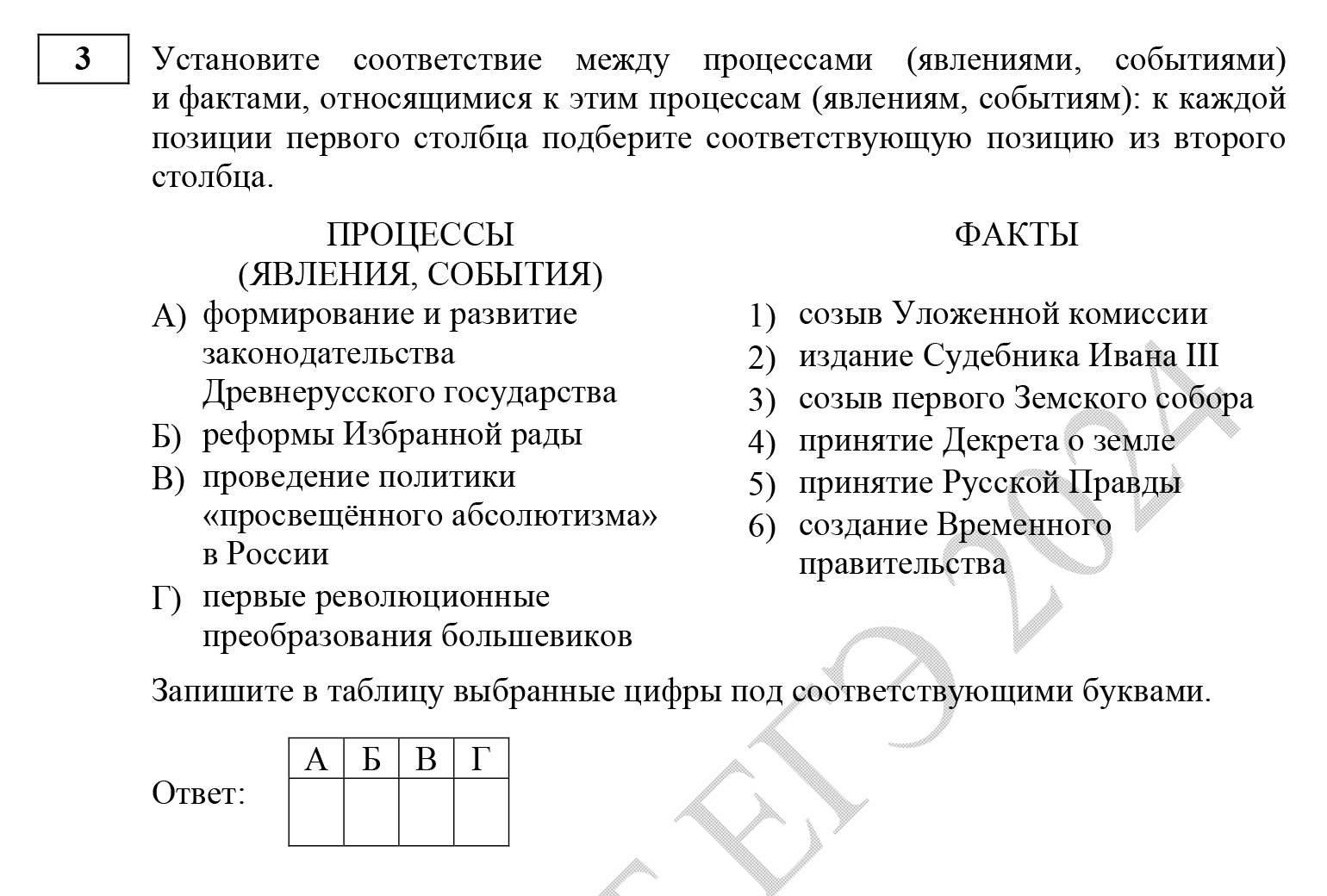 В задании № 3 ответ — последовательность букв. Ученик должен соотнести известных личностей с событиями, в которых они принимали участие. Источник: fipi.ru