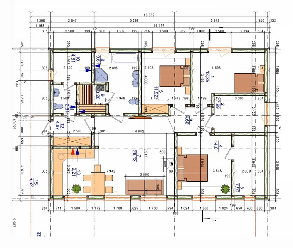 Все мои запросы разместились на 120 м². Очень важно делать расстановку мебели до постройки дома, чтобы потом не было проблем. На этой картинке есть не вся мебель: многое я держала в голове, но основные моменты запечатлены. Например, стоят две раковины в ванной — так я понимаю, что они точно влезут на запланированную под ванную площадь