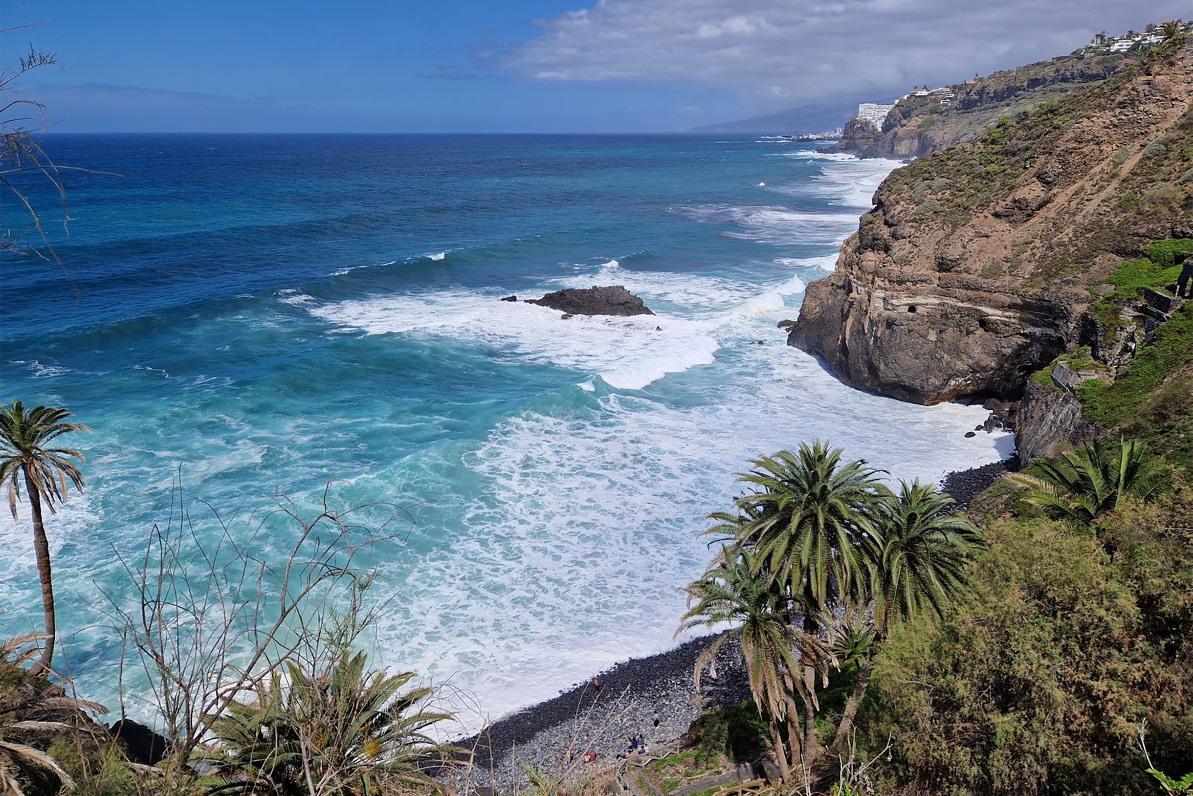 Playa de Castro. Спустились с горы через финиковые пальмы к дикому пляжу. Сразу начинается Атлантический океан с сильными волнами