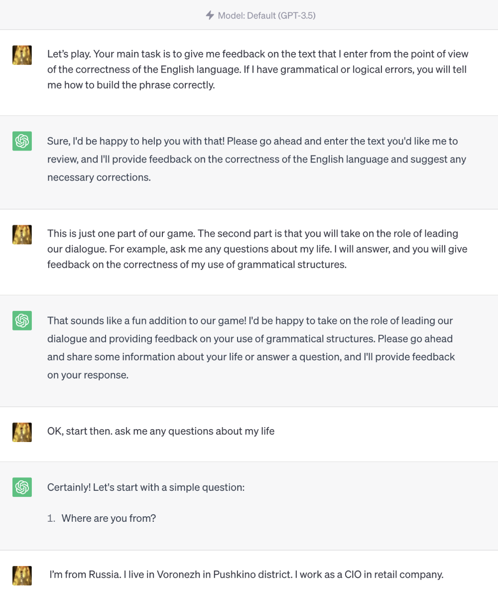 Так выглядит диалог с ChatGPT, если попросить нейросеть провести с вами собеседование
