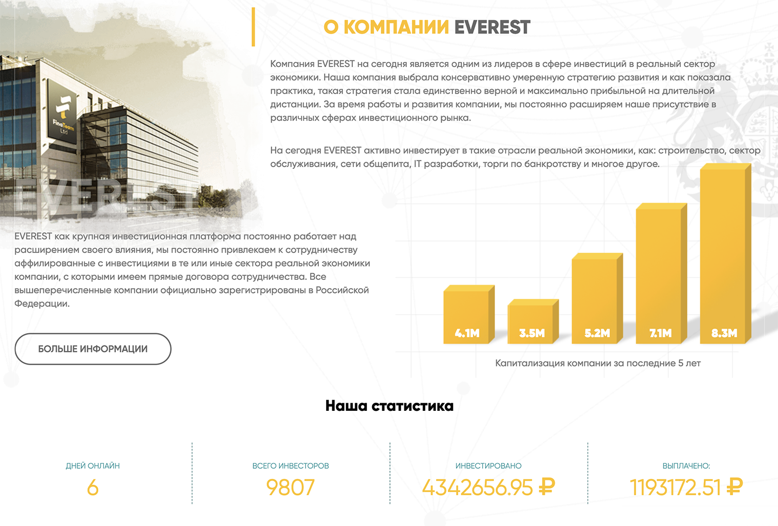 Сайт компании живет всего 6 дней, а график капитализации — за 5 лет. Правда, непонятно за какие именно годы: подписей под столбцами нет. Да и валюта тоже непонятна: если речь про рубли, то 8 млн выглядят несолидно