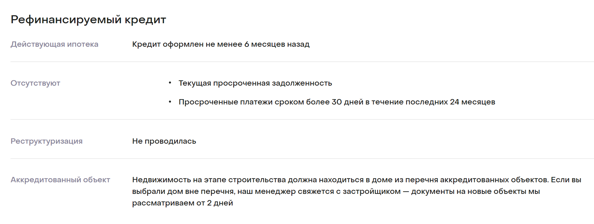 Например, банк «Дом-рф» активно занимается ипотечным кредитованием, но ипотеку с реструктуризацией на рефинансирование не примет. Источник: domrfbank.ru