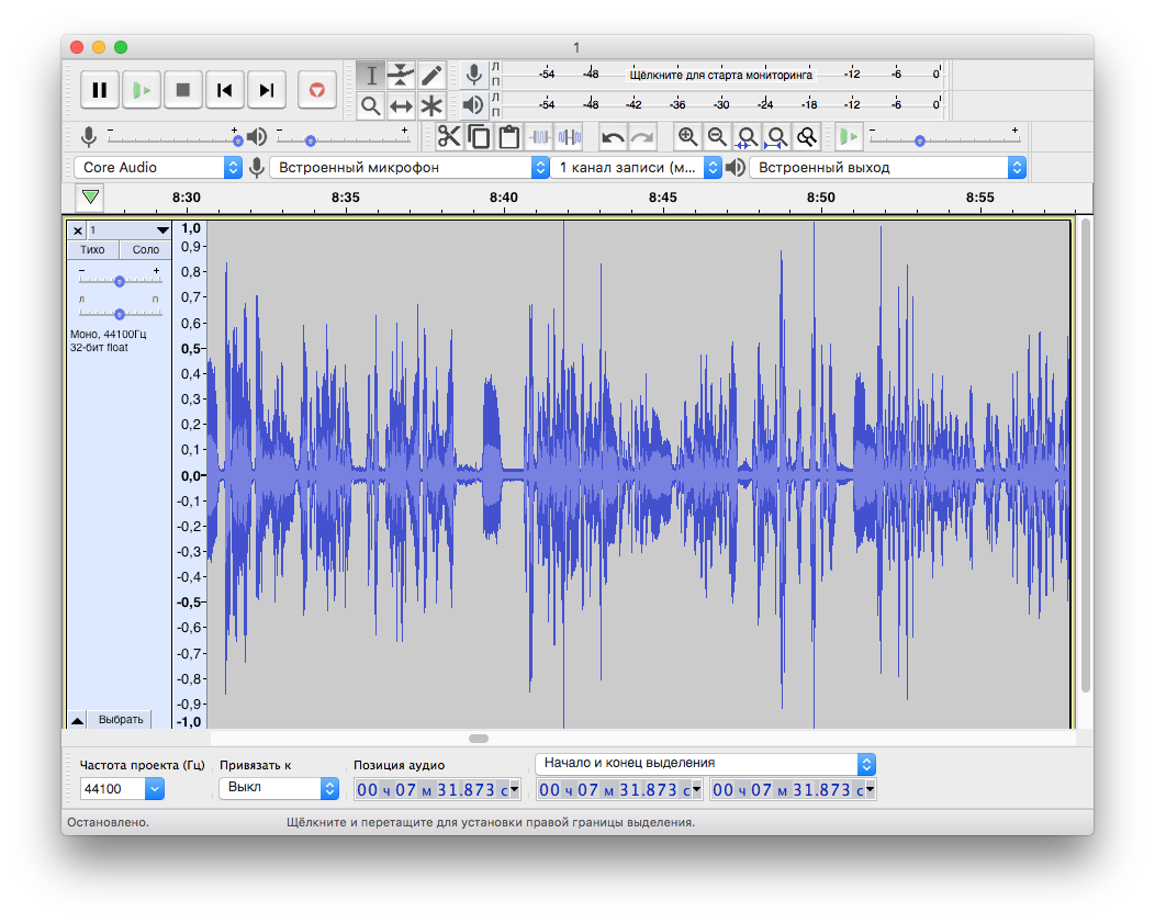 Так выглядит записанная звуковая дорожка в программе Audacity