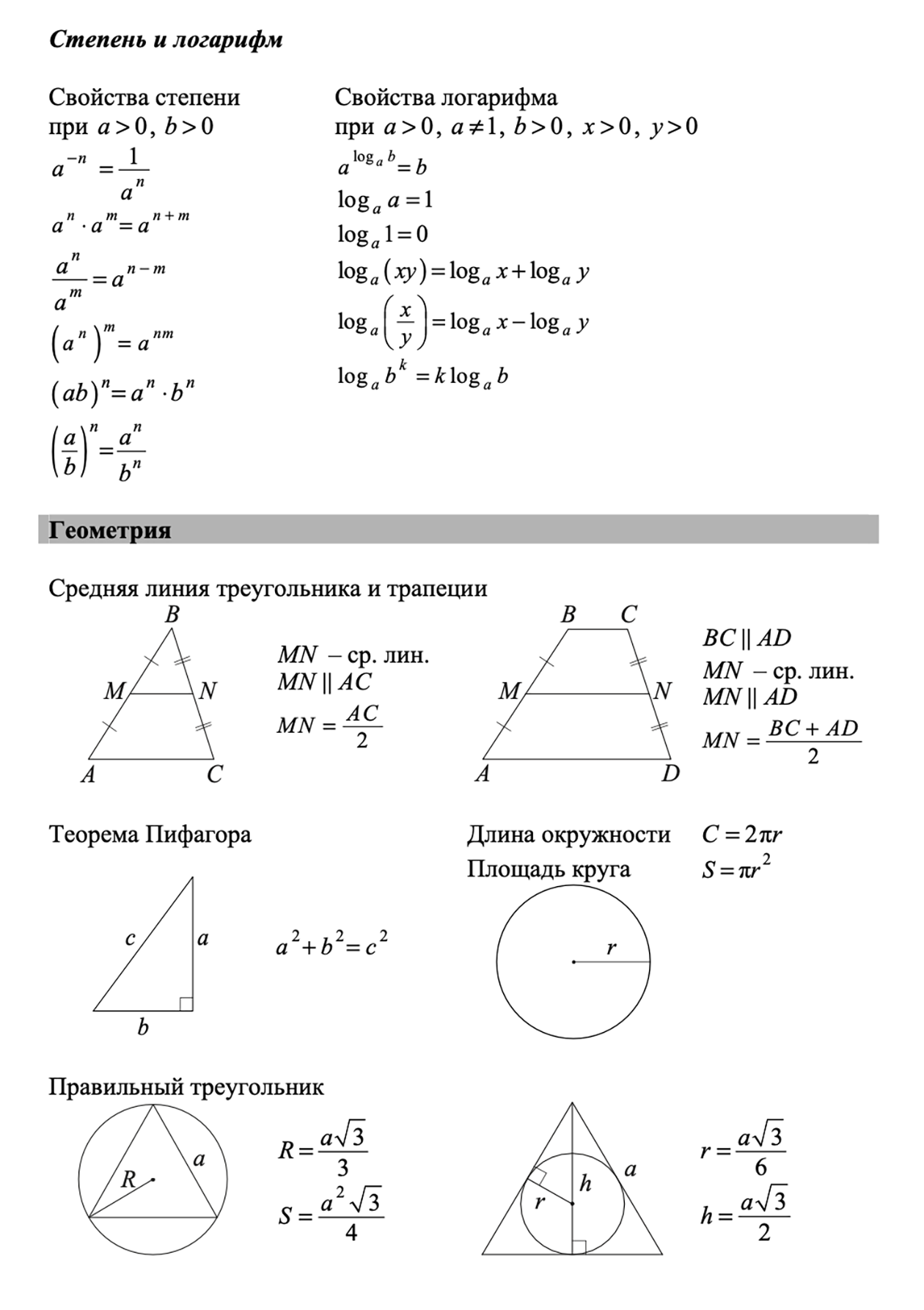 Справочные материалы для базовой математики. Источник: fipi.ru