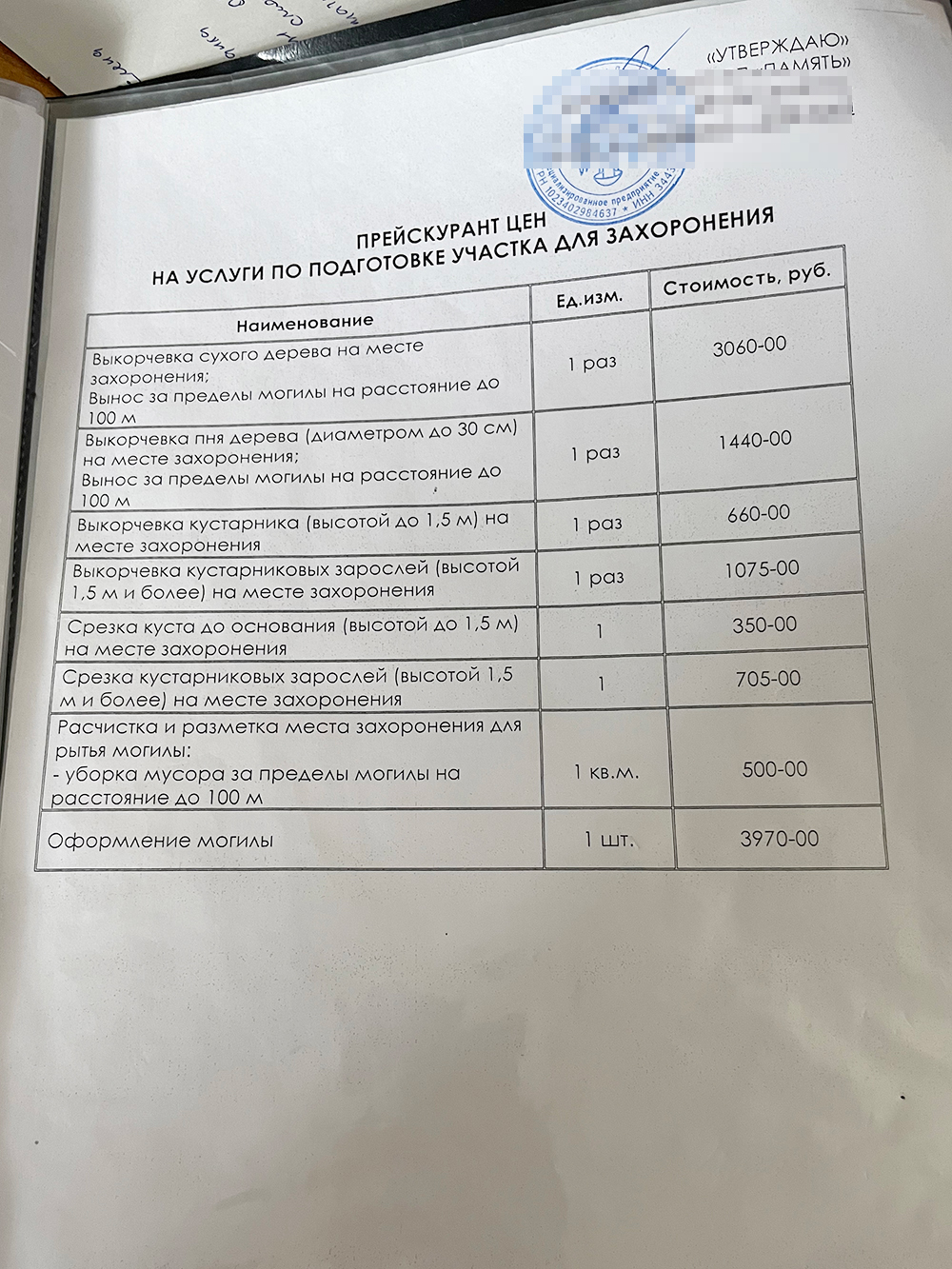 Оформление могилы по прайсу стоит 3970 ₽. В моем чеке с первых похорон эта цена умножена на три, и я не знаю почему