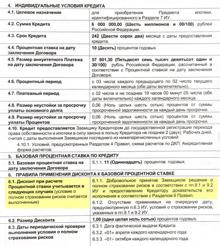 А так выглядит условие о пониженной процентной ставке в ипотечном договоре ВТБ