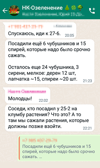 Все вопросы, планы и результаты посадок мы с инициативной группой обсуждали в чате по озеленению