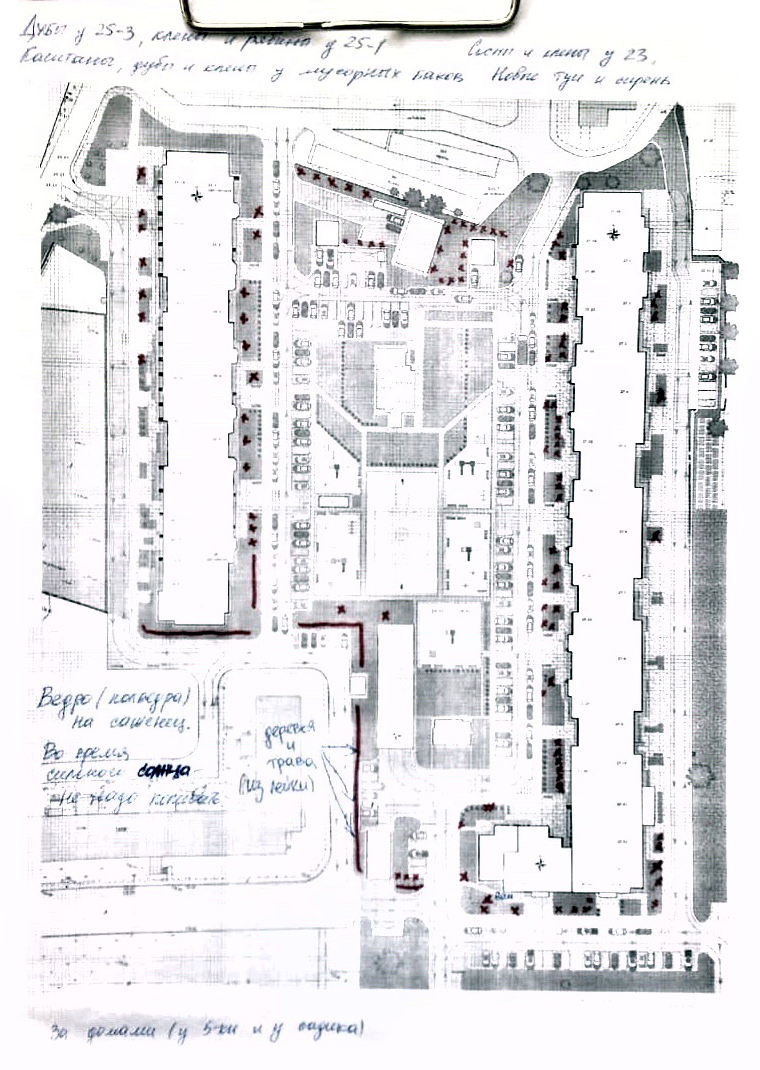 План нашего ЖК. Красным отмечены места возможной посадки саженцев в 2018 году