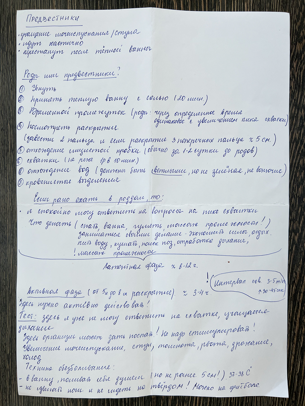 Моя шпаргалка об этапах родов, по которой я ориентировалась в процессе