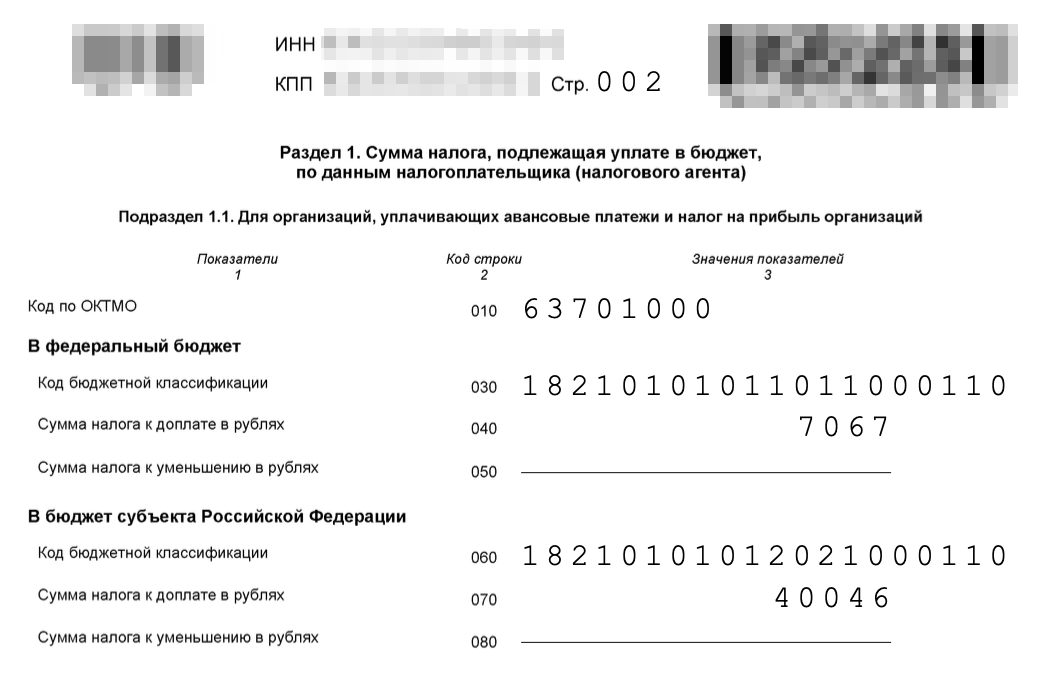 Так выглядит заполненный подраздел 1.1 раздела 1. В нашем примере получились суммы налога к доплате. В федеральный бюджет надо доплатить 7067 ₽, в бюджет субъекта РФ — 40 046 ₽