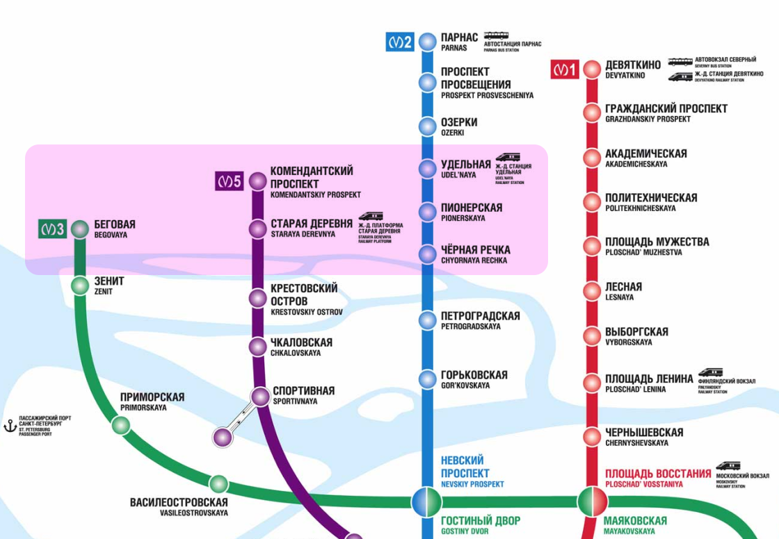 Станции метро Приморского района на карте метро Санкт⁠-⁠Петербурга. Источник: metro.spb.ru