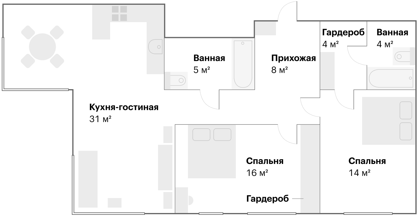 Пример смарт-планировки: трехкомнатная квартира с двумя спальнями и общей гостиной. В одной из спален есть своя ванная, и в обеих — гардеробные. В угловой кухне — панорамное остекление. Окна выходят на противоположные стороны дома