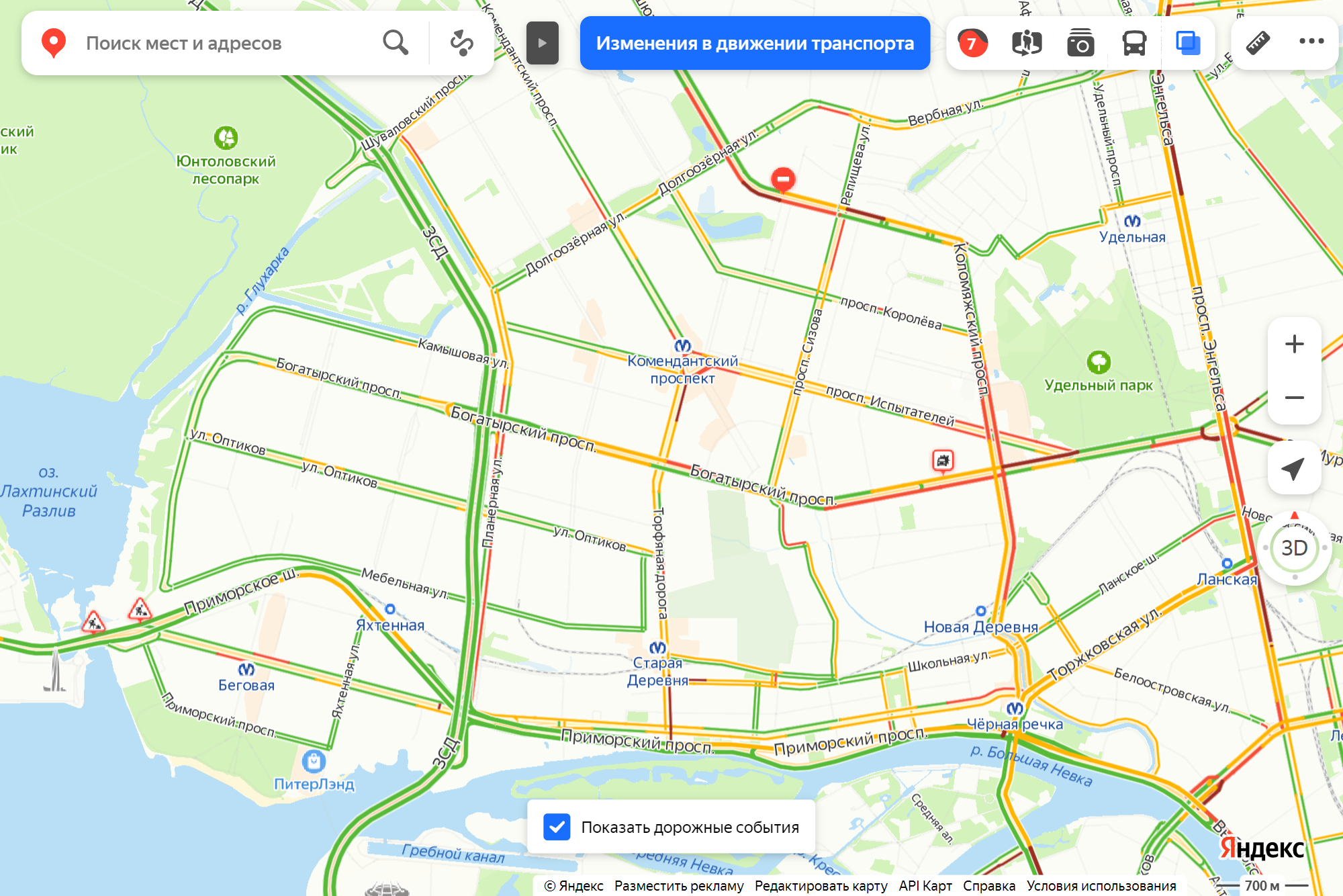 Пробки в Приморском районе в пятницу в 18:00. Источник: yandex.ru