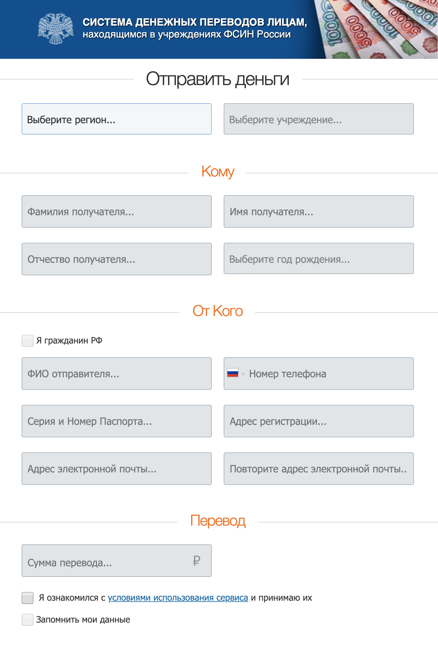 Так выглядит сервис «ФСИН⁠-⁠деньги» для перевода средств осужденному
