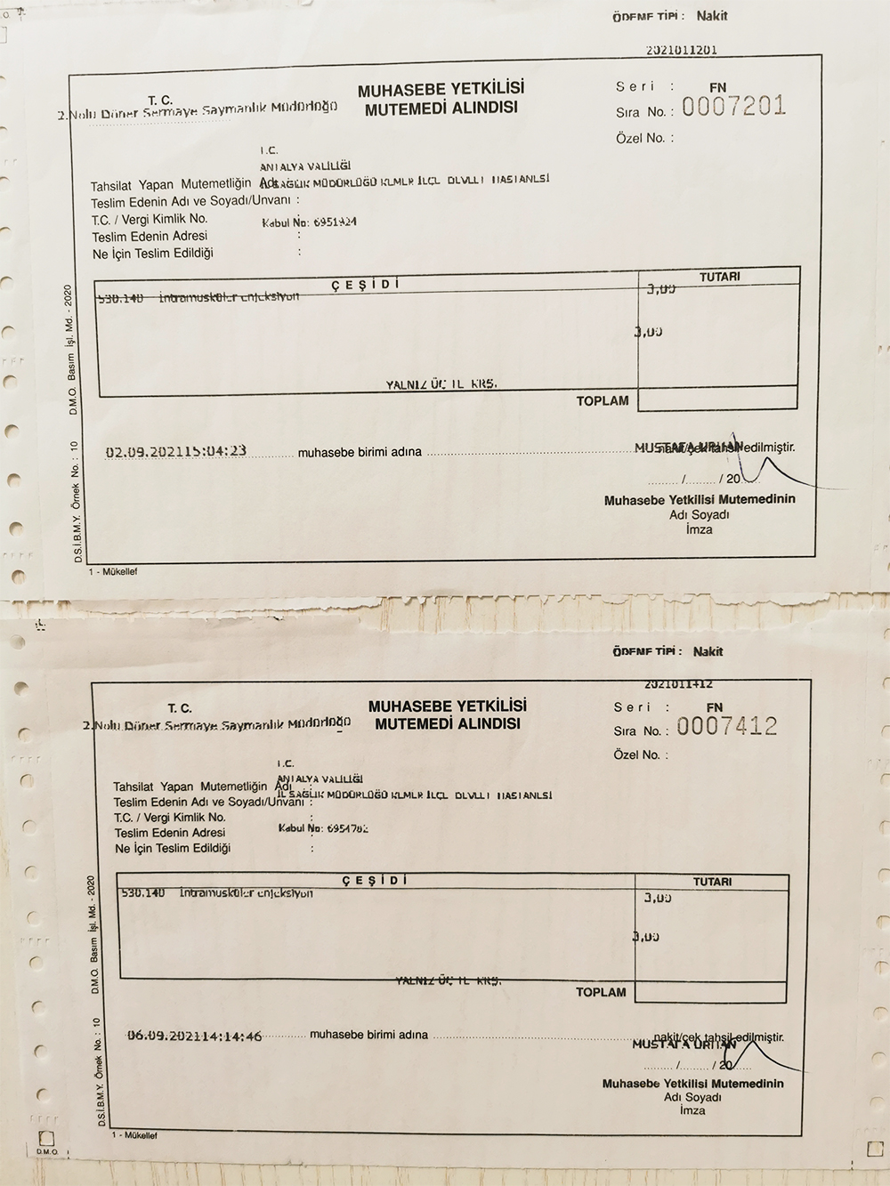 Квитанции об оплате. Стоимость одного укола — 3 турецкие лиры