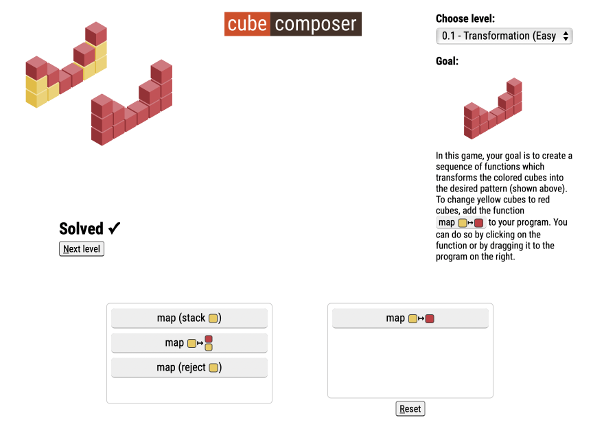 У Cube Composer простой и понятный интерфей — команды нужно перетягивать в окнах в нижней части экрана