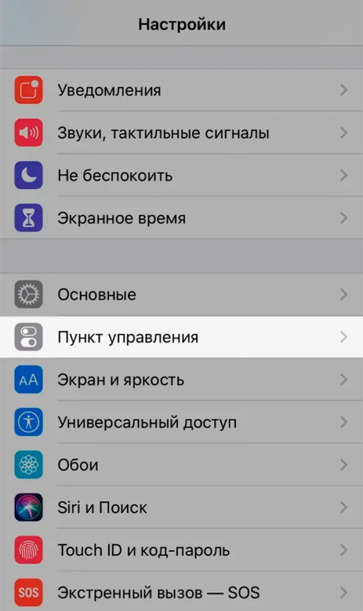 Запись нужно включить через «Настройки» — перейти в раздел «Пункт управления»