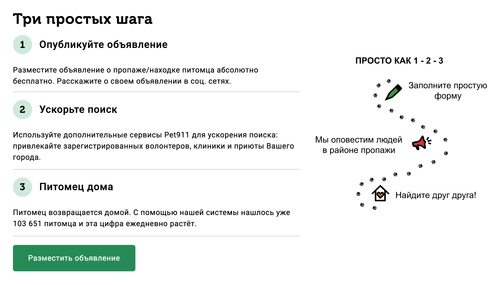 На сайте Pet911 можно заполнить форму и разместить объявление о пропавшем питомце