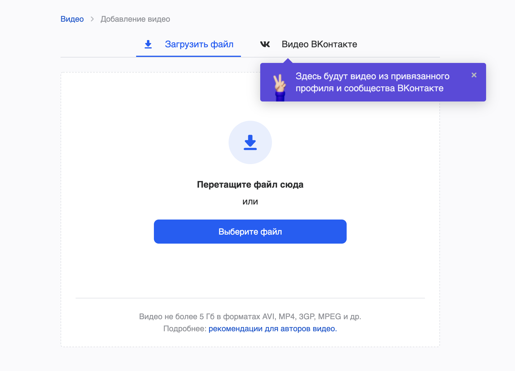 Так выглядит окно загрузки видео в личном кабинете «Пульса»