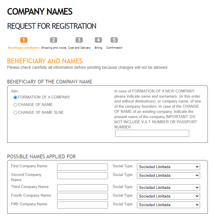 В форме для регистрации напротив каждого варианта названия нужно было указать тип организации. Мы указали Sociedad limitada — это аналог российского ООО
