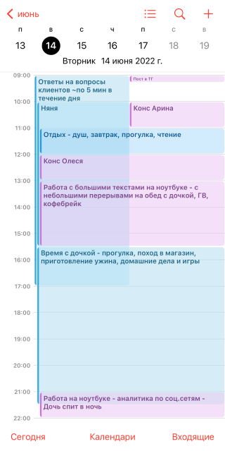 Так выглядит мое расписание во время работы няни. Обычно на эти дни приходится максимальная рабочая нагрузка