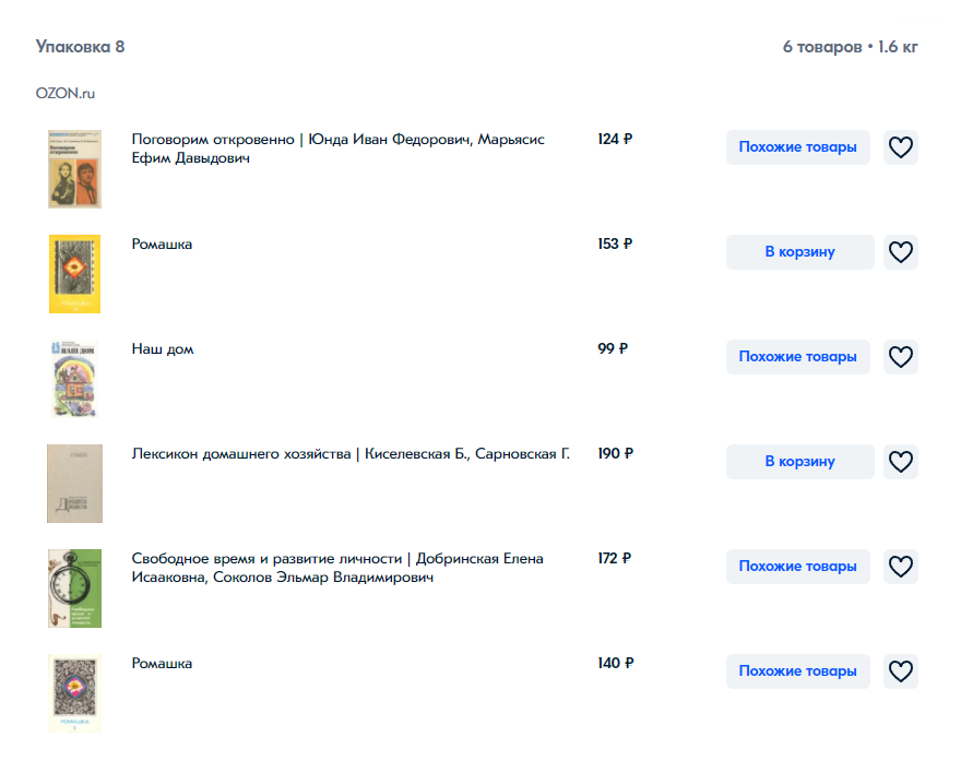 Один из моих заказов на «Озоне». Часть этих книг дешевле на «Алибе» и «Авито». Но «Озон» удобен простой доставкой, которая соберет все посылки вместе, и мне не придется платить за пересылку каждой книги
